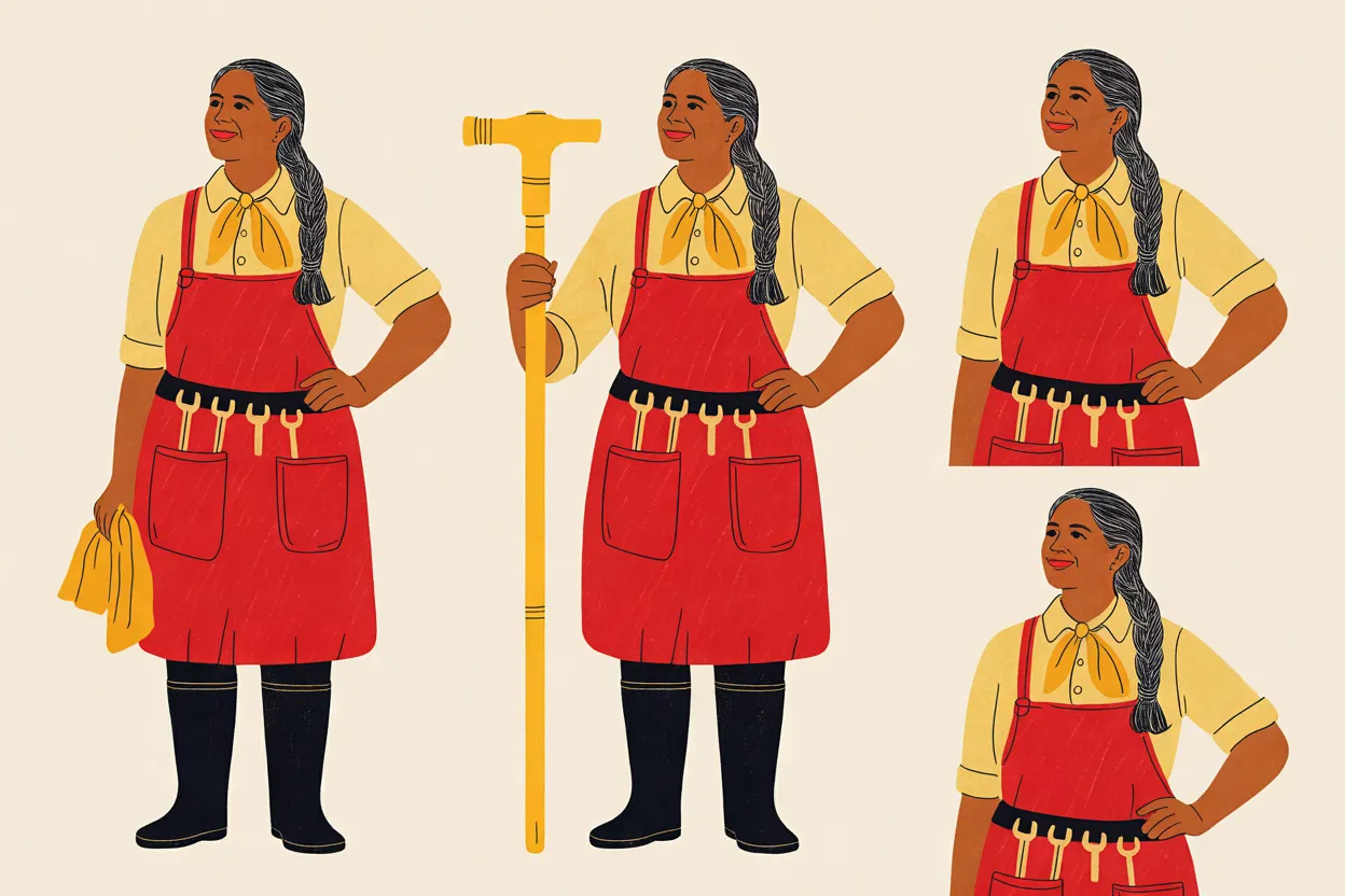 The Fountain Mechanic character sheet on a warm cream background: two full-length views and two waist-up views of her in a pale yellow shirt, amber neckerchief, red apron with brass wrenches on its belt and black knee-high rubber boots, her long grey-streaked black braid over one shoulder. In the first she holds a yellow rag, in the second she holds a tall yellow T-handled valve key upright beside her, and in every view one hand rests on her hip. She has the same smile and looks up to one side in all four.