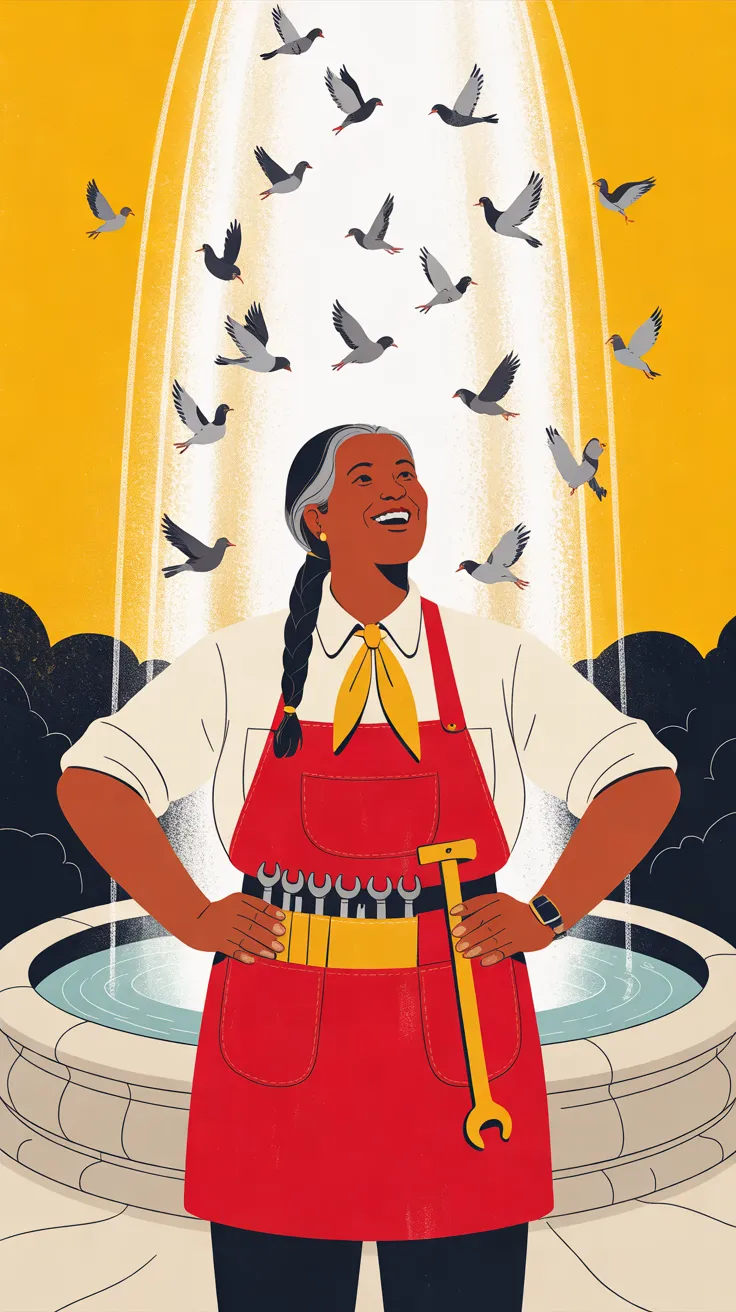 The Fountain Mechanic stands laughing with both hands on her hips in front of a round stone fountain basin, looking up, her long grey-streaked black braid over one shoulder. She wears a cream shirt with rolled sleeves, an amber neckerchief and a red apron with a row of silver wrenches at the belt and a long yellow T-handled tool hanging at her side. Behind and above her a tall column of white spray rises into an amber sky and grey pigeons fly up through it.